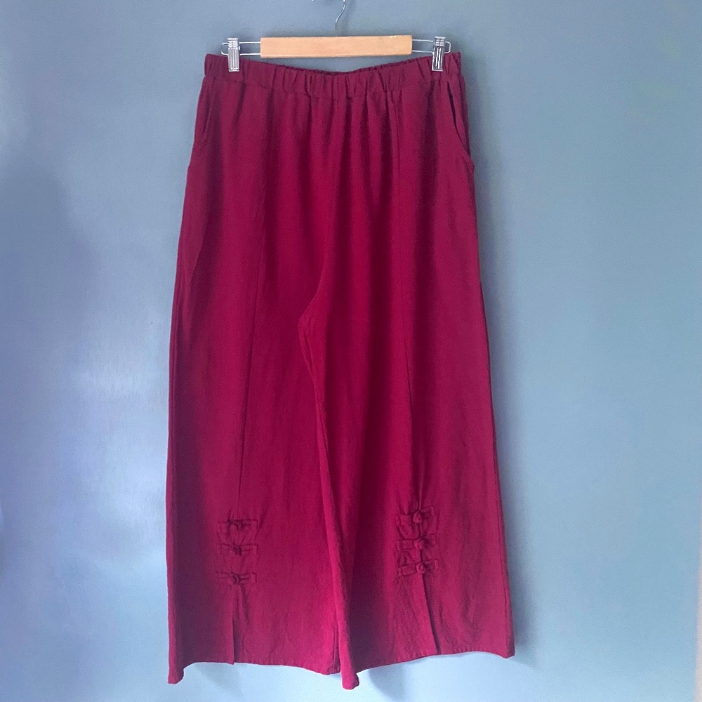 LINEN ankle length burgundy maroon elastic waist comfort summer womens pants XL